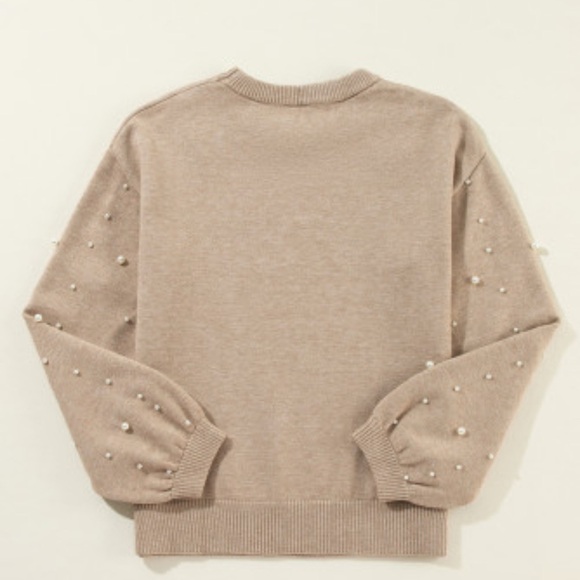 NWOT Smoke Gray Pearled Drop Shoulder Round Neck Sweater - Picture 7 of 12